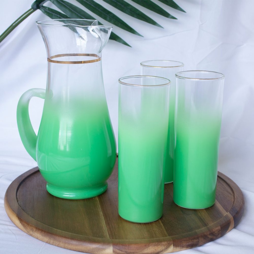 Vintage Blendo Aquamarine Pitcher and 3 Cup Set